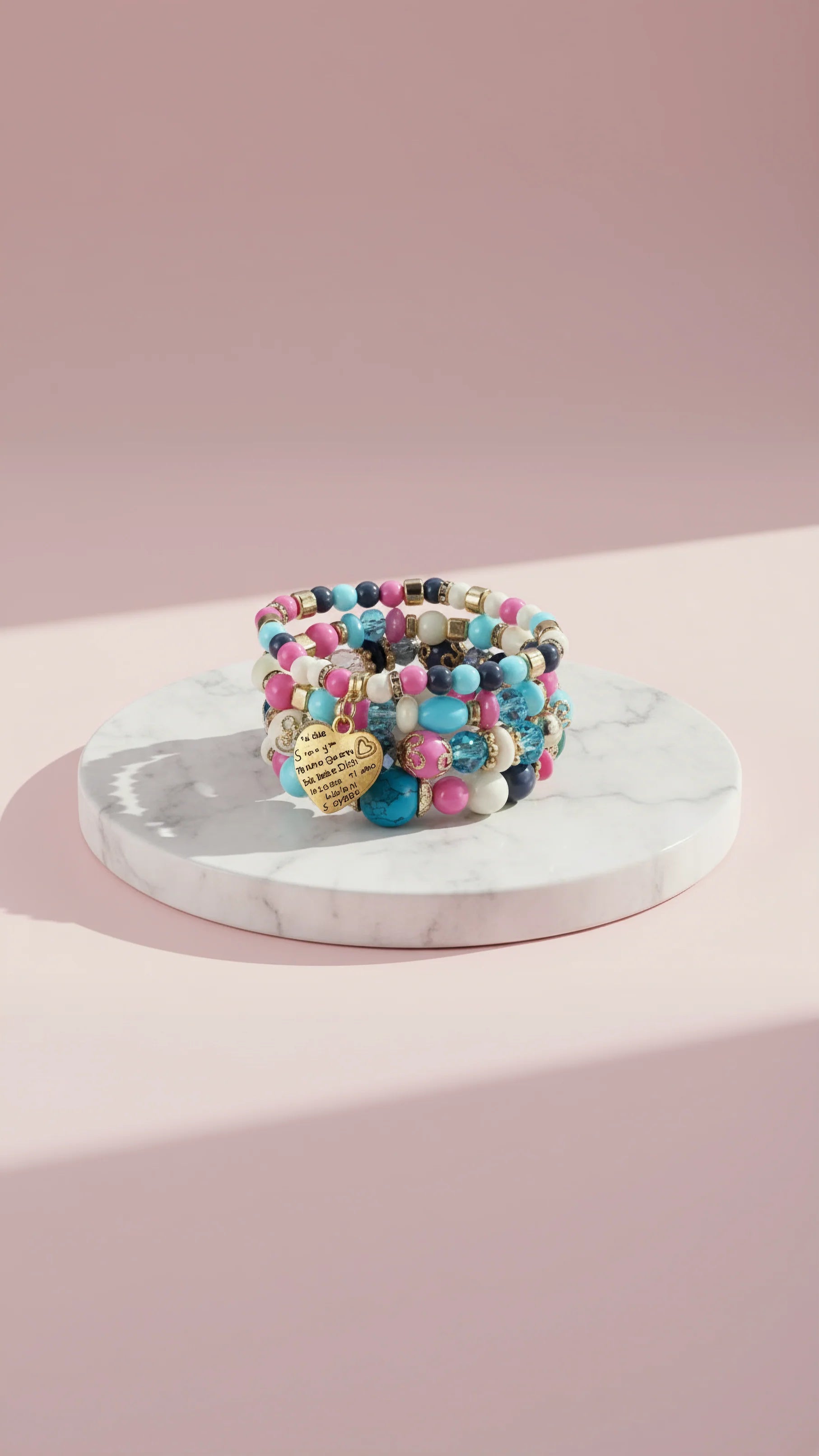 Heart Charm Ceramic Beaded Bracelet Set