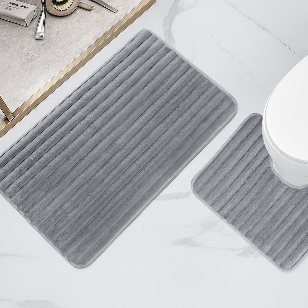 2 Piece Ribbed Bath Mat Set in Charcoal Extra Soft Non Slip