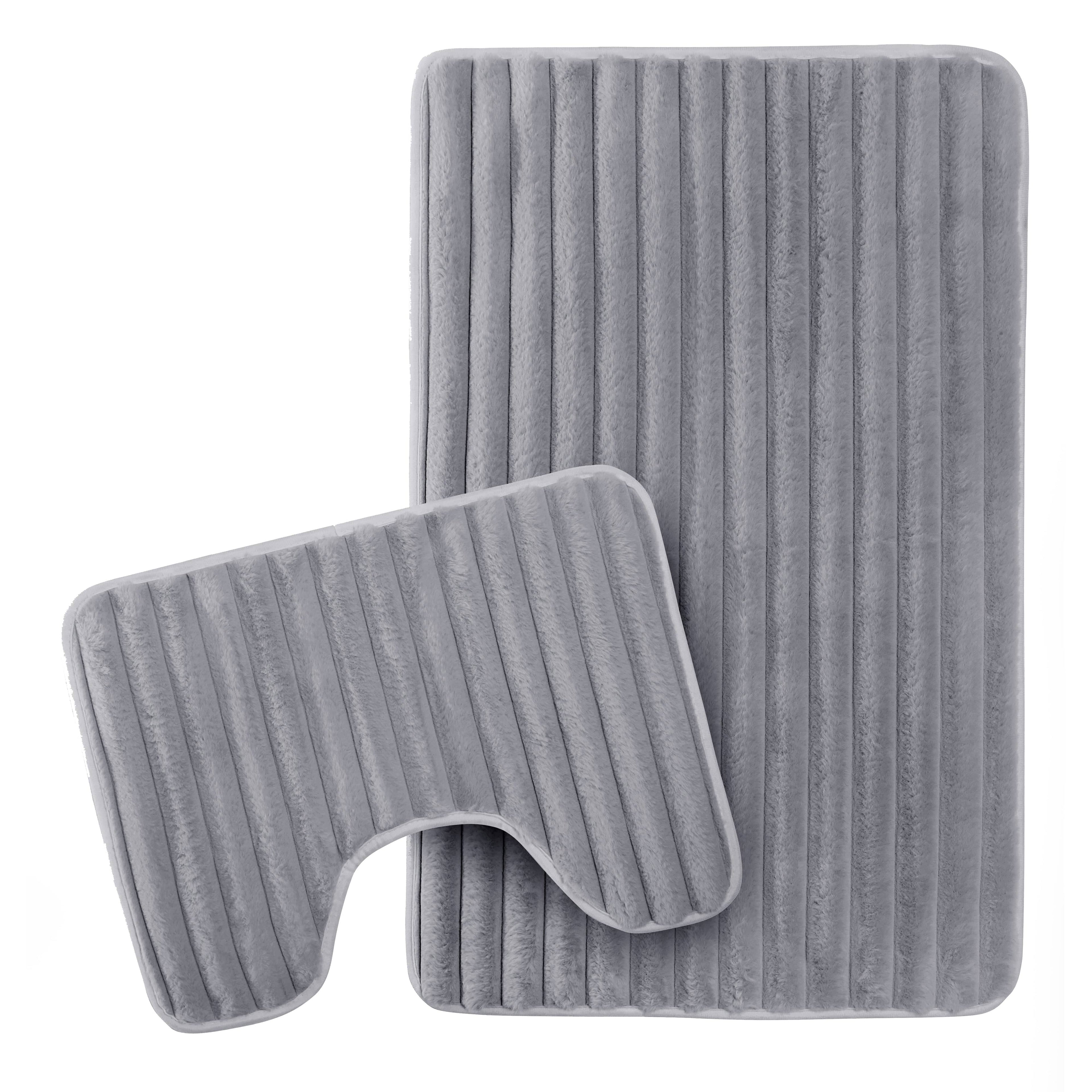 2 Piece Ribbed Bath Mat Set in Charcoal Extra Soft Non Slip