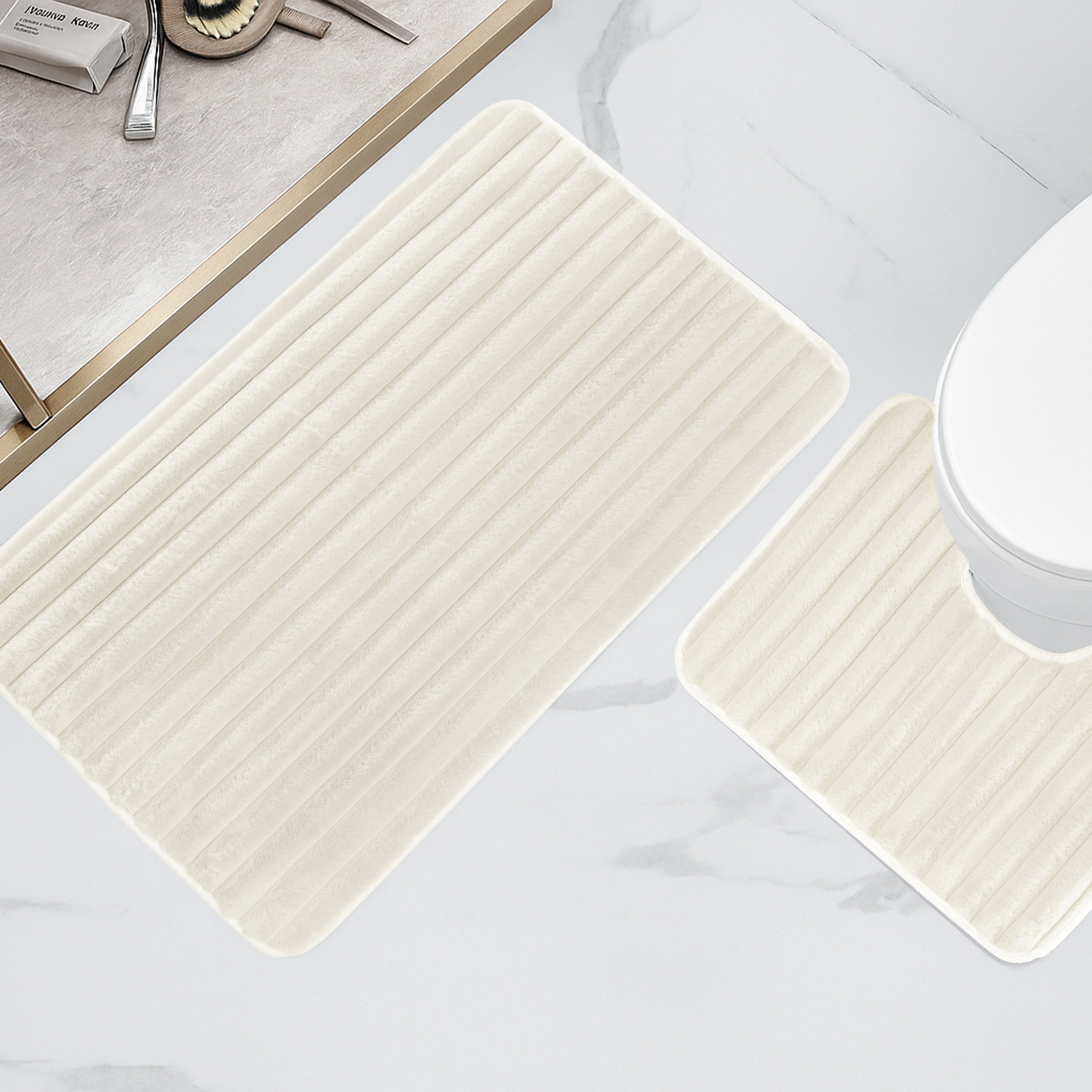 2 Piece Ribbed Bath Mat Set in Cream