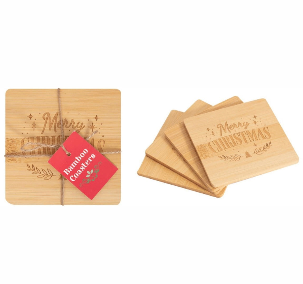 Merry Christmas Design 4 Pack Bamboo Coasters