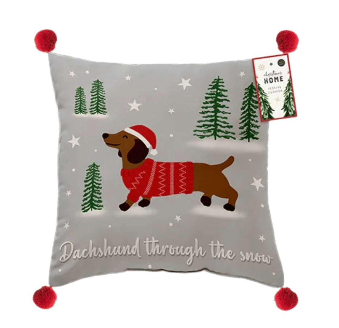 Christmas Dachshund Cotton Cushion (43cm x 43cm)
