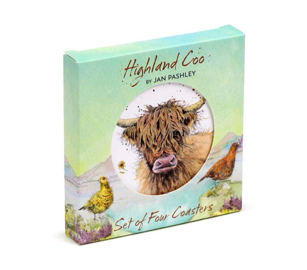 Set of 4 Cork Novelty Coasters - Jan Pashley Highland Coo