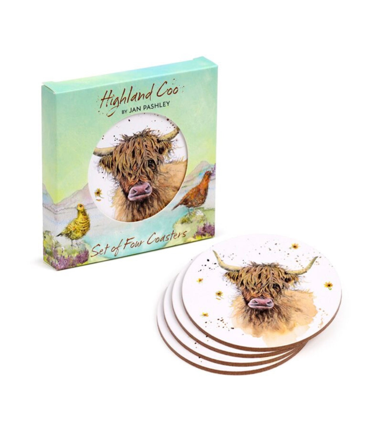 Set of 4 Cork Novelty Coasters - Jan Pashley Highland Coo