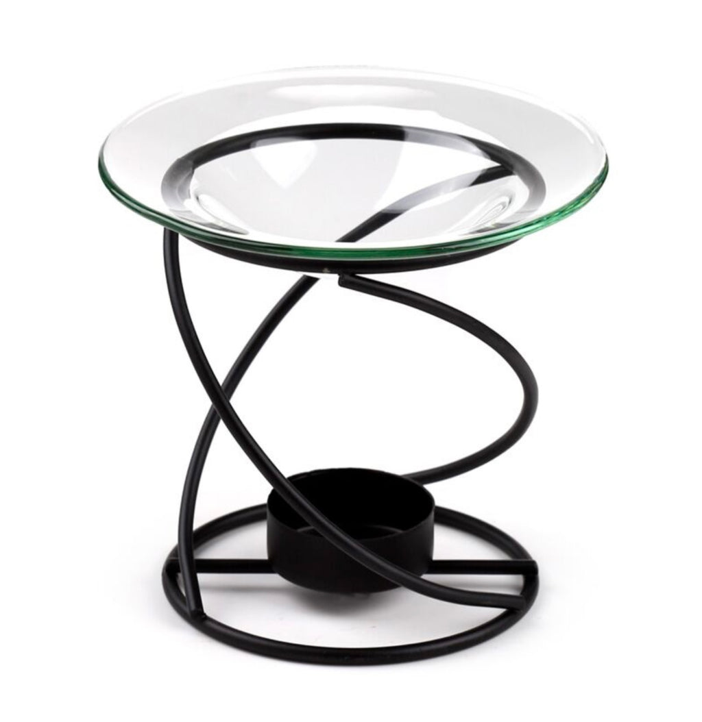 Thin Spiral Black Metal Oil & Wax Burner with Glass Dish