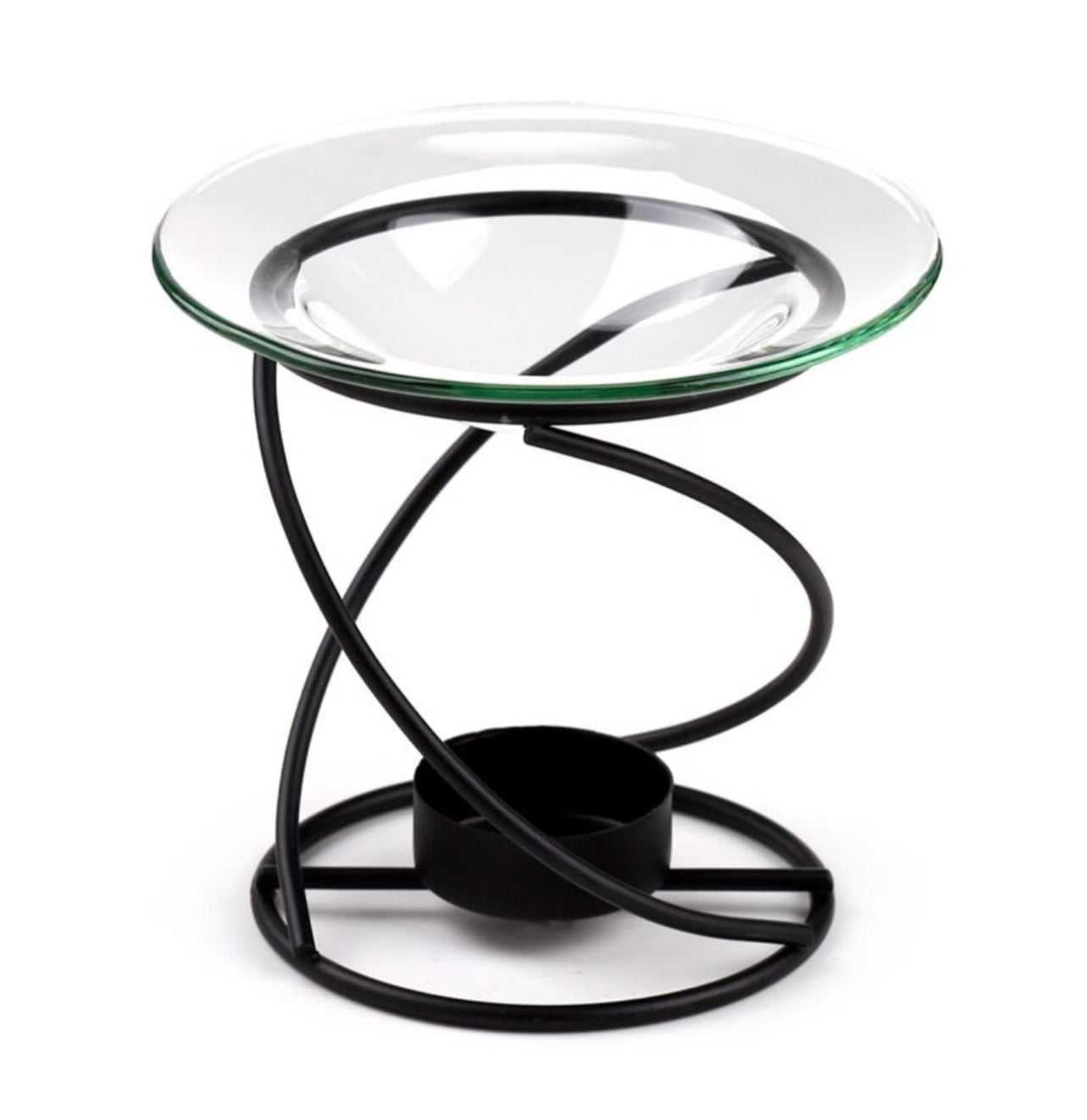 Thin Spiral Black Metal Oil & Wax Burner with Glass Dish
