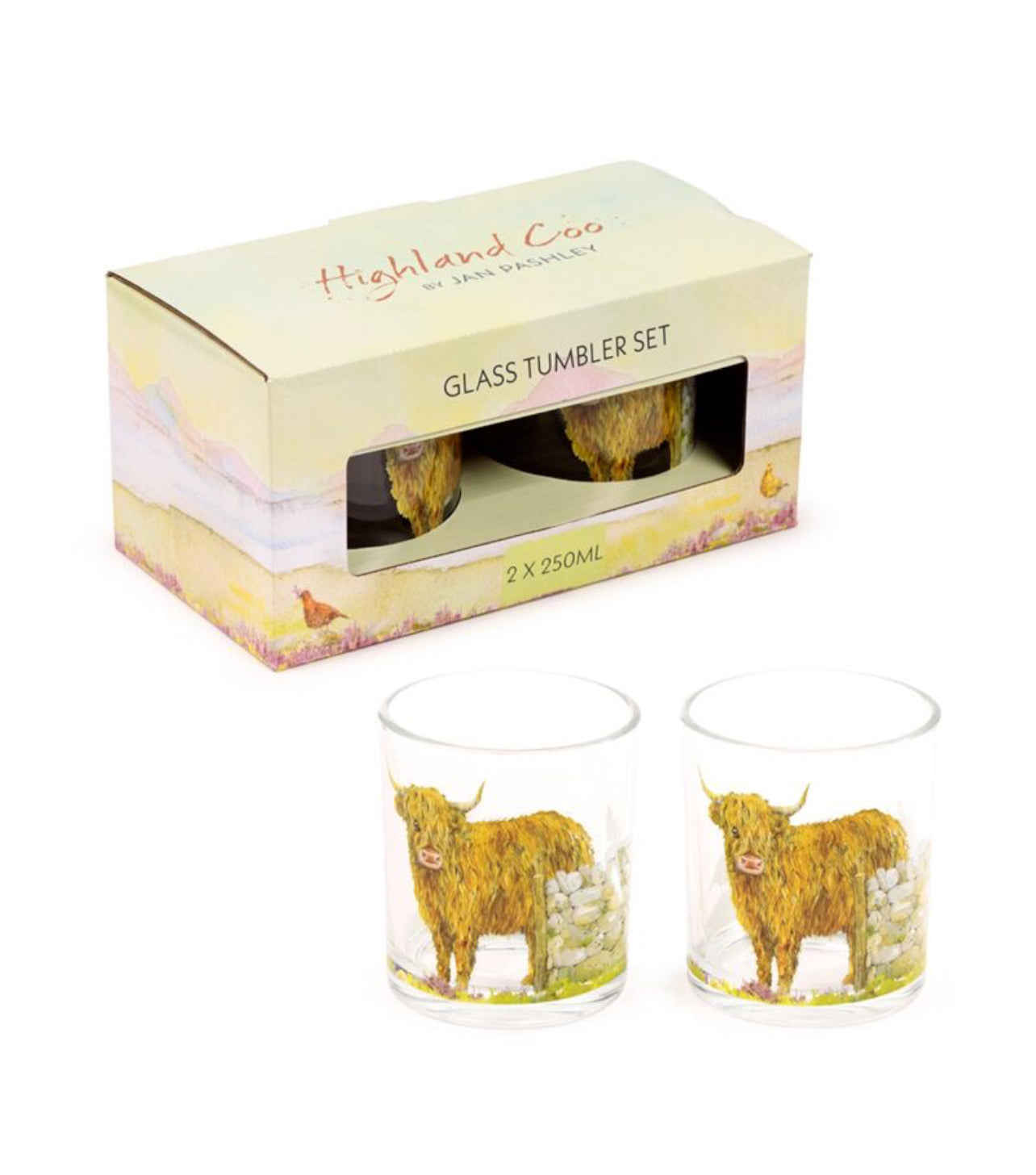 Glass Tumbler Set of 2 250ml - Jan Pashley Highland Coo