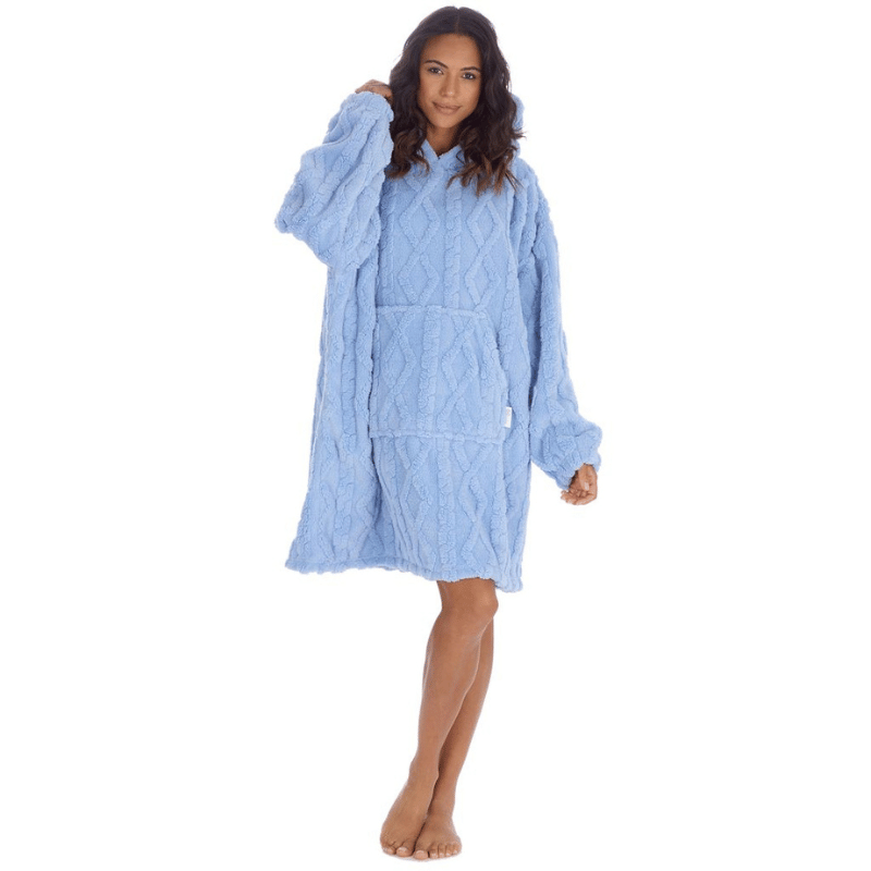 Ladies Cable Knit Design Oversized Snuggle Hoodie in Blue