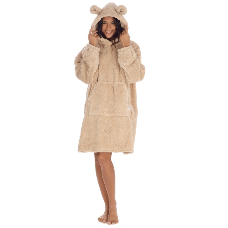 Ladies Teddy Embossed Oversized Snuggle Hoodie with Ears
