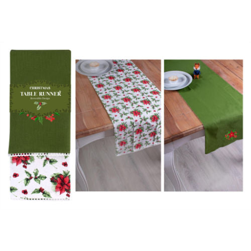 Christmas Holly Joy Table Runner - Reversible Green