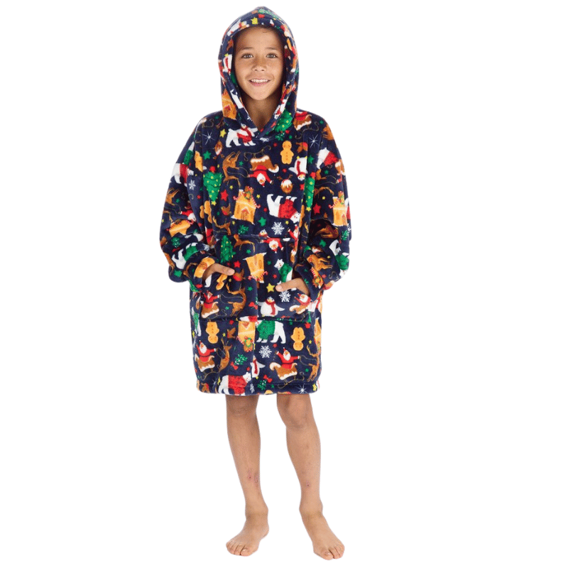 Childrens Christmas Design Oversized Snuggle Hoodie in Navy