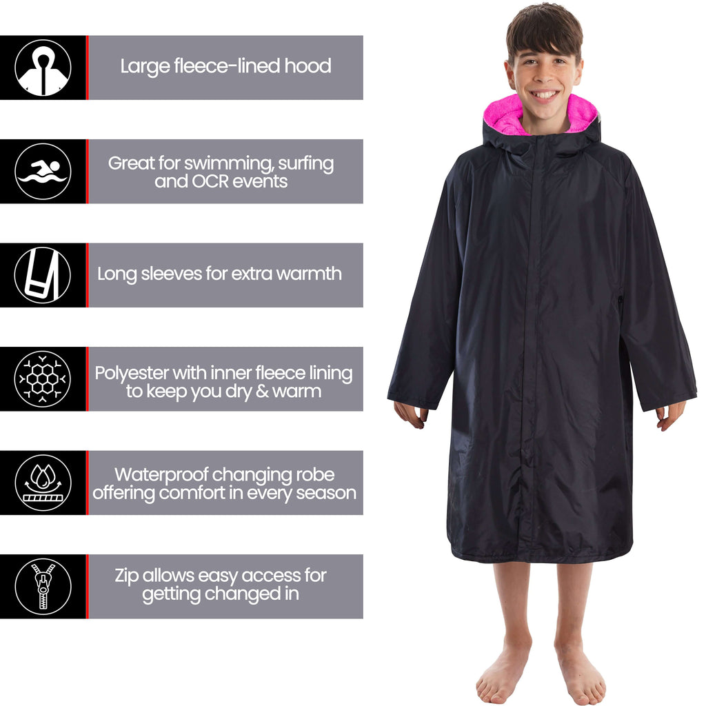 Kids Unisex Hooded Black/Pink Windproof Waterproof Quick Dry Changing Robe