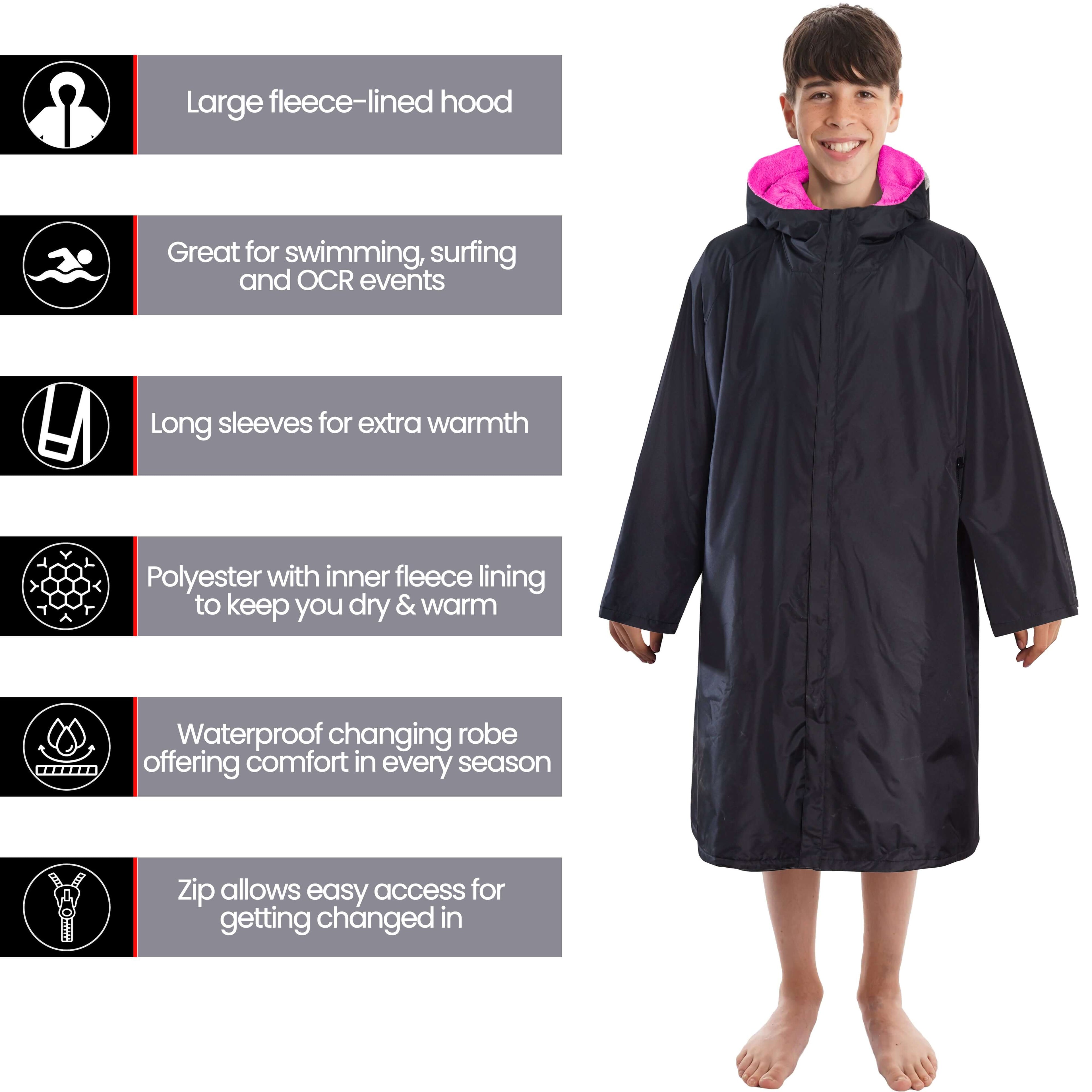 Kids Unisex Hooded Black/Pink Windproof Waterproof Quick Dry Changing Robe