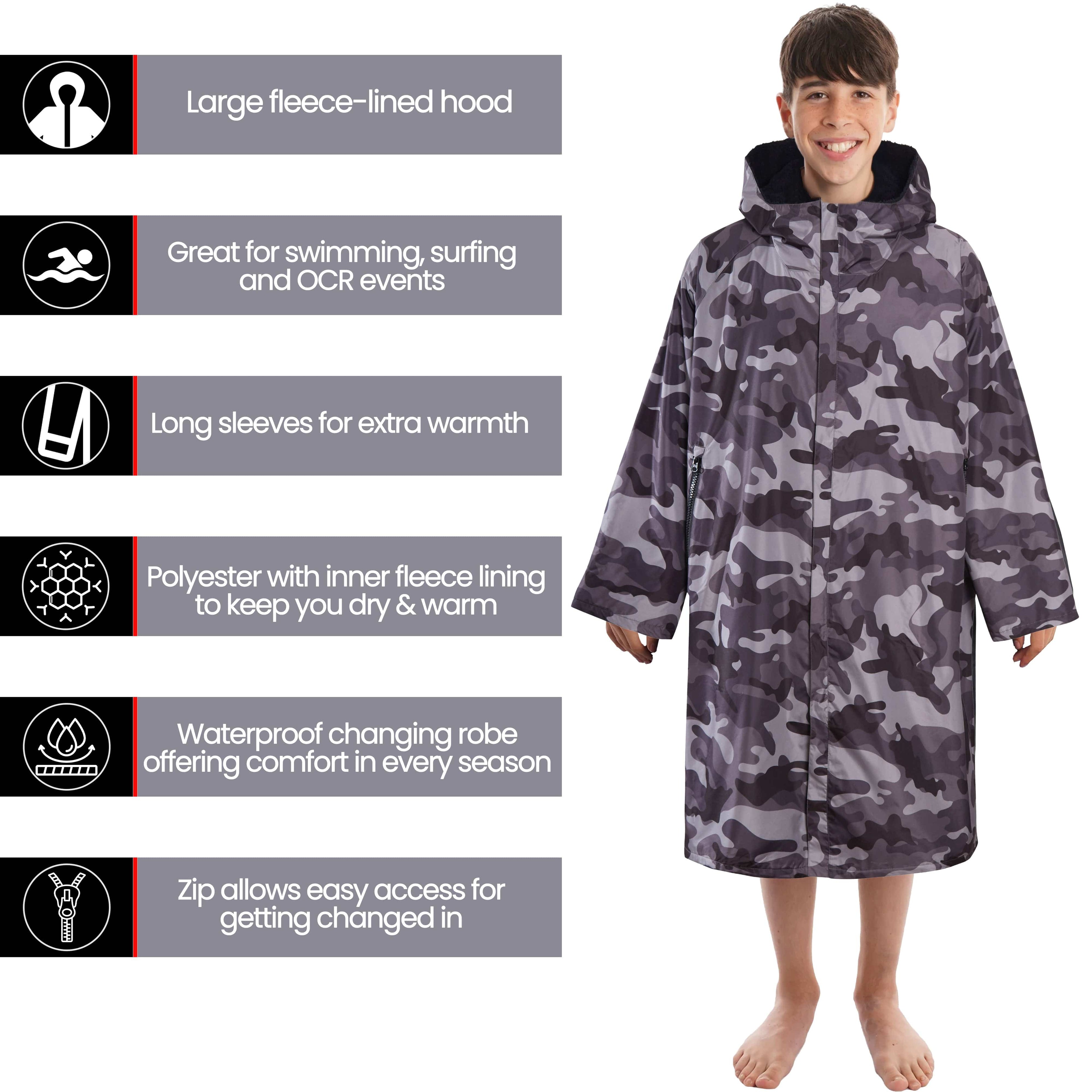 Kids Unisex Hooded Coat Camo/Black Windproof Waterproof Quick Dry Changing Robe
