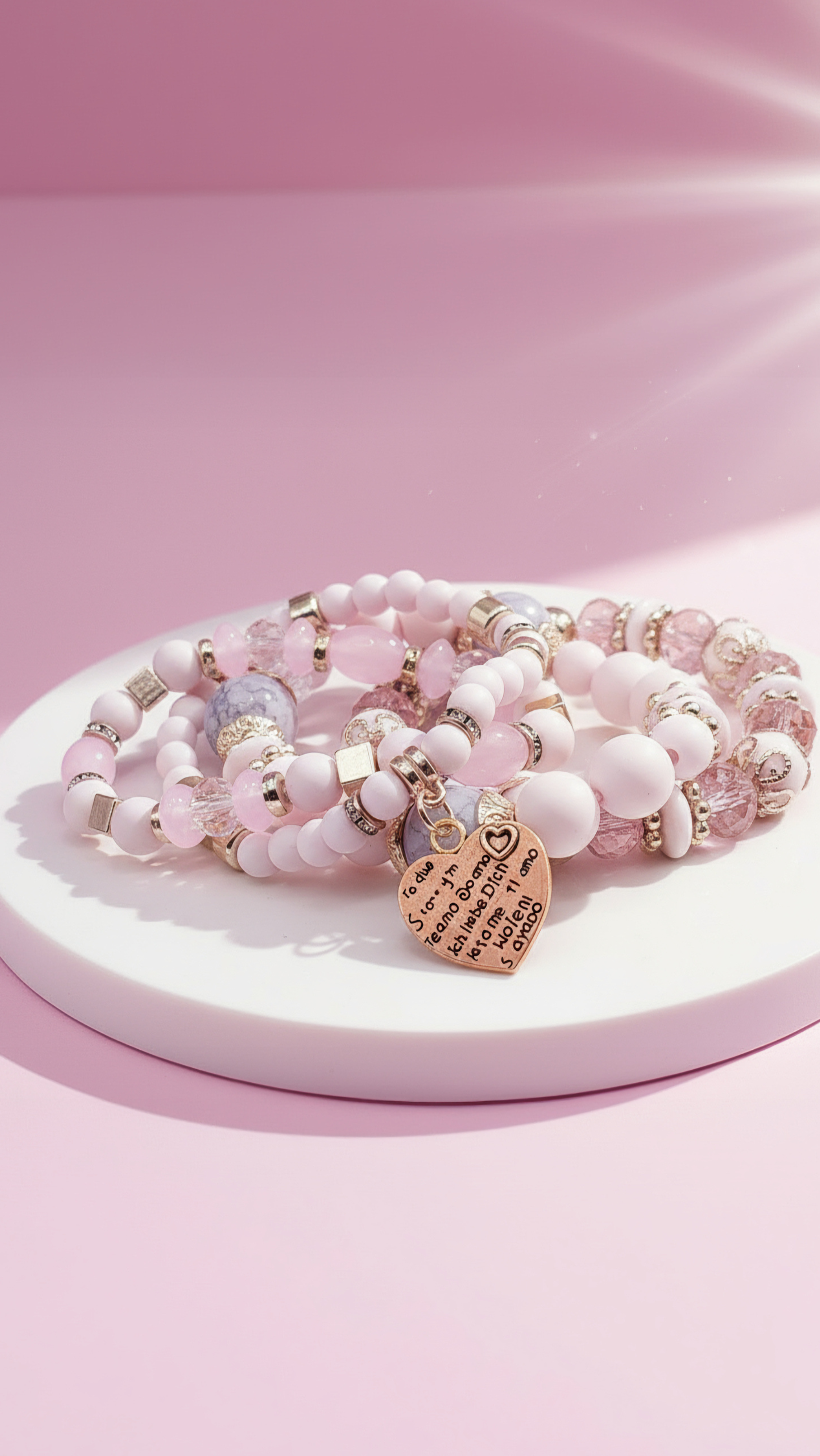 Heart Charm Ceramic Beaded Bracelet Set