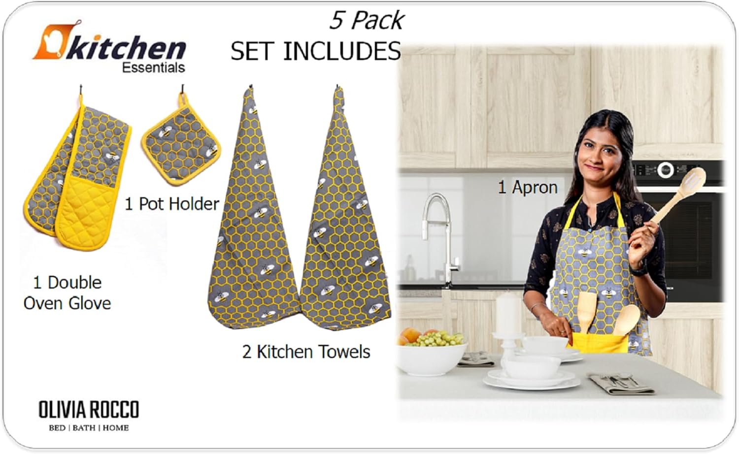 Apron, Double Oven Gloves & Kitchen Towel Set