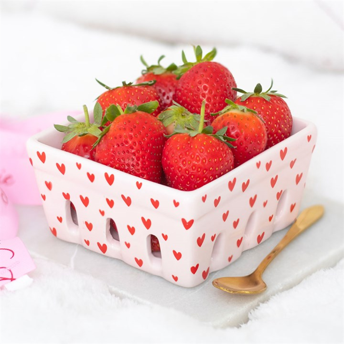 Pink Heart Print Ceramic Berry Basket