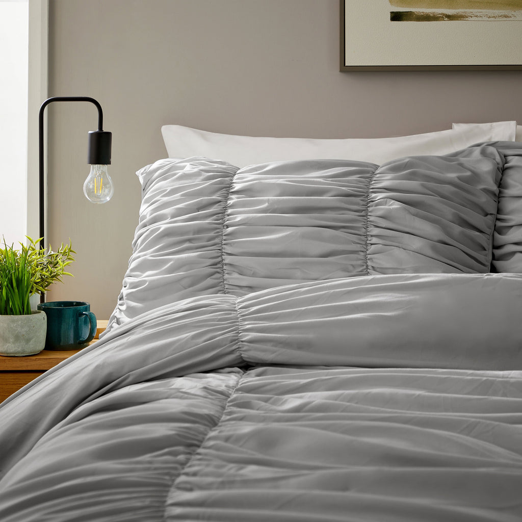 Ruched Grey Microfibre Duvet Cover Set