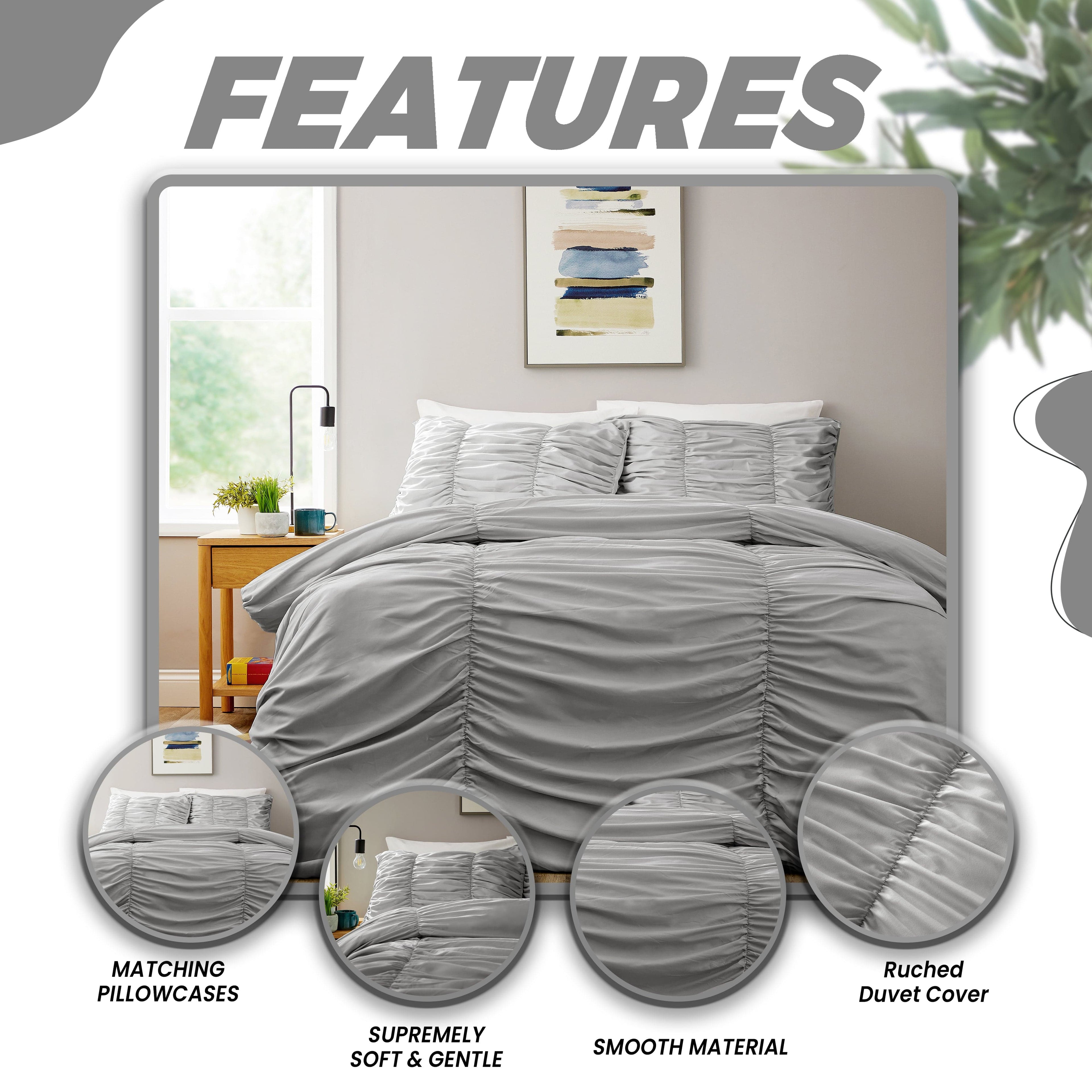 Ruched Grey Microfibre Duvet Cover Set