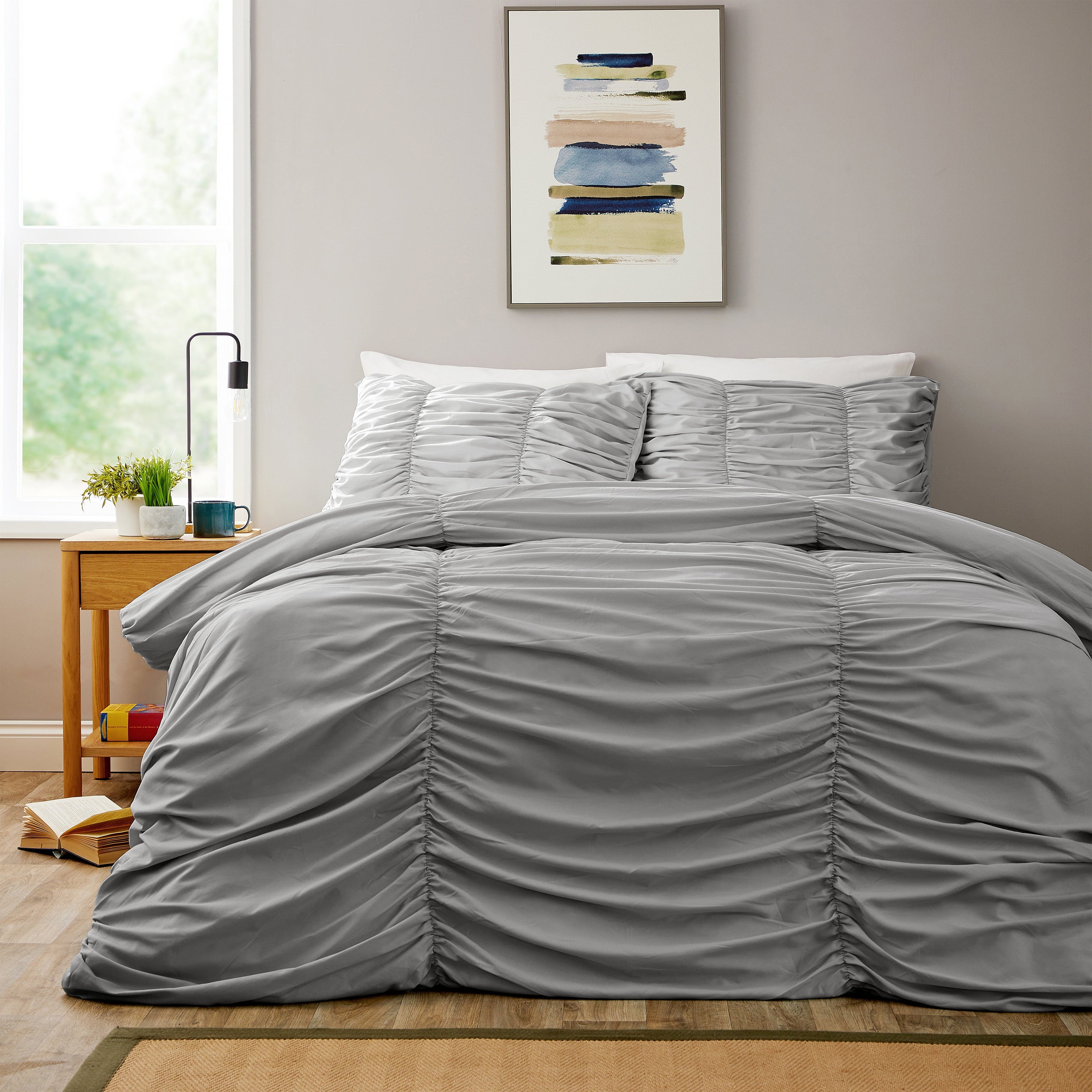 Ruched Grey Microfibre Duvet Cover Set
