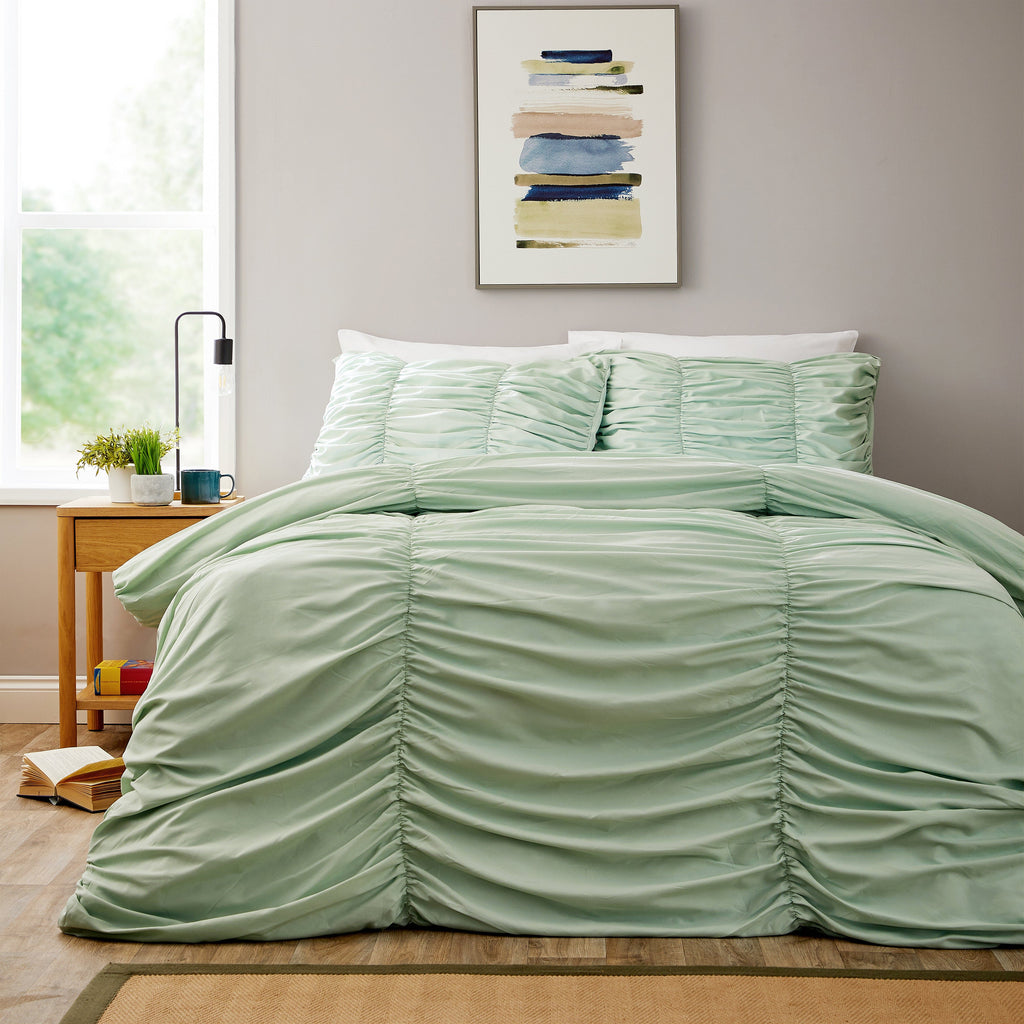 Ruched Sage Green Microfibre Duvet Cover Set