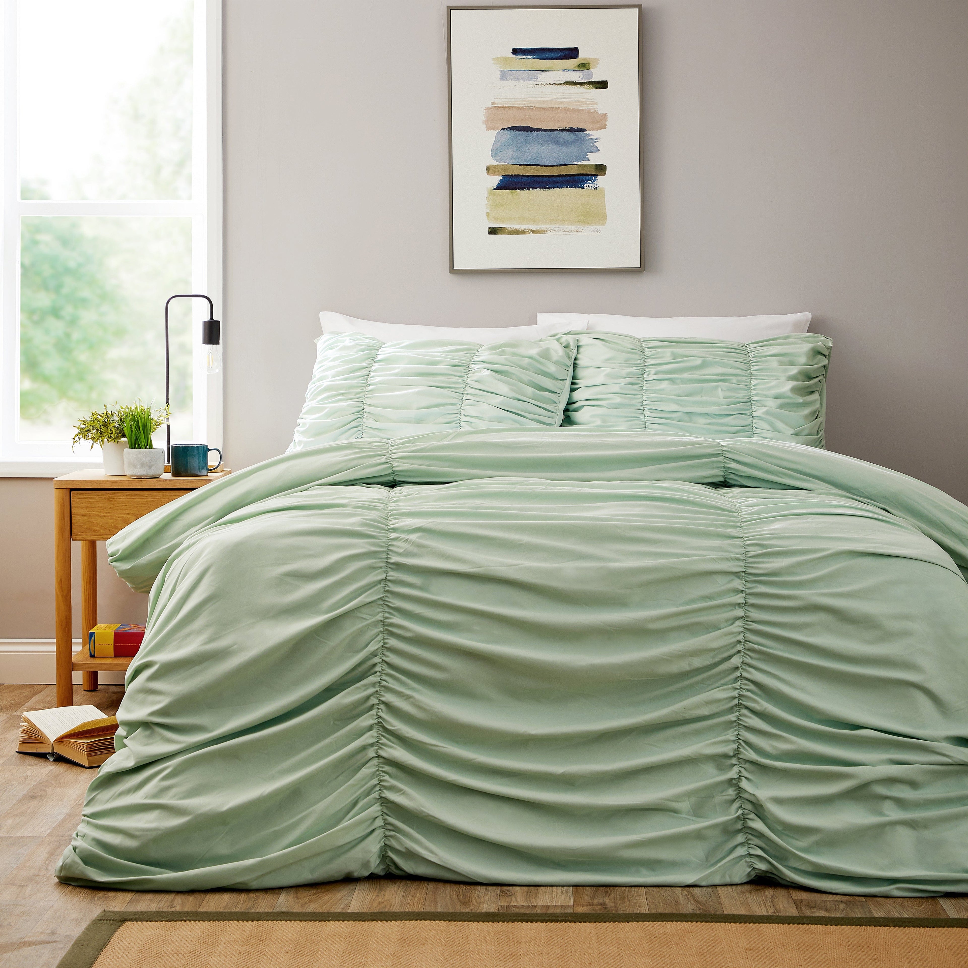 Ruched Sage Green Microfibre Duvet Cover Set