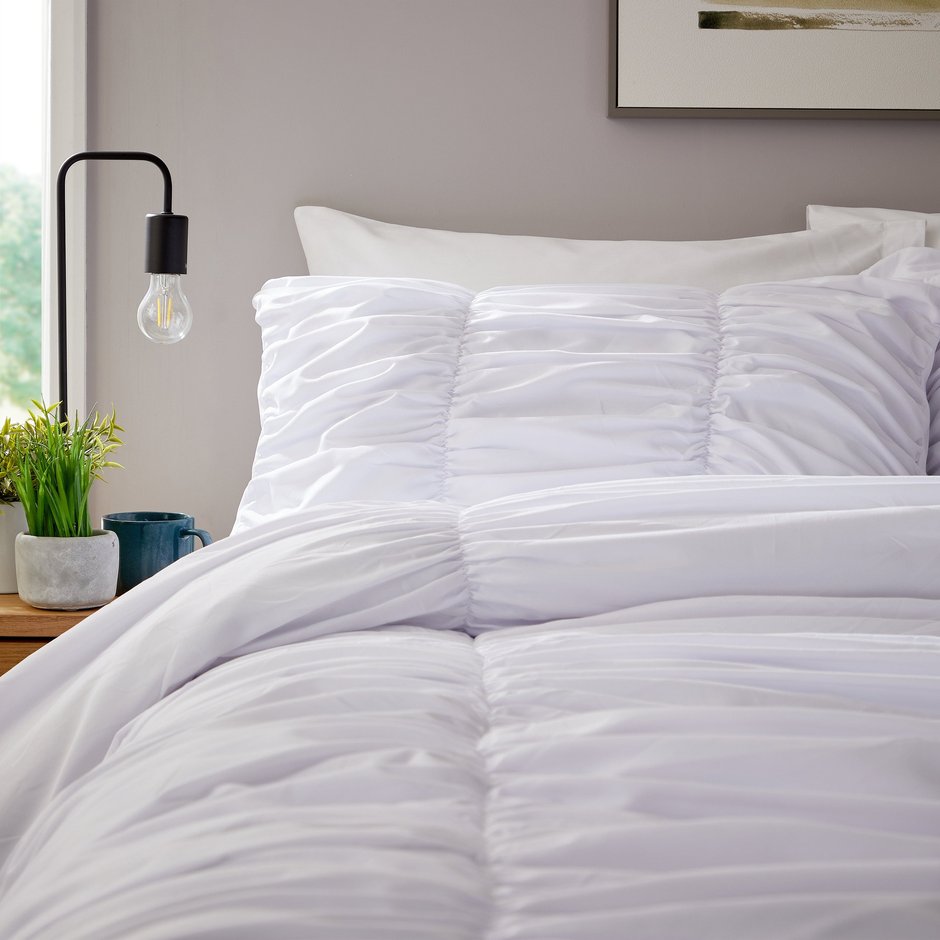 Ruched White Microfibre Duvet Cover Set