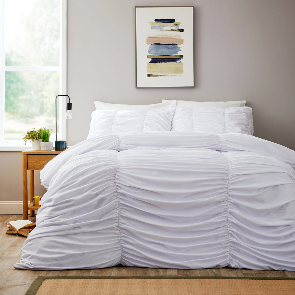Ruched White Microfibre Duvet Cover Set