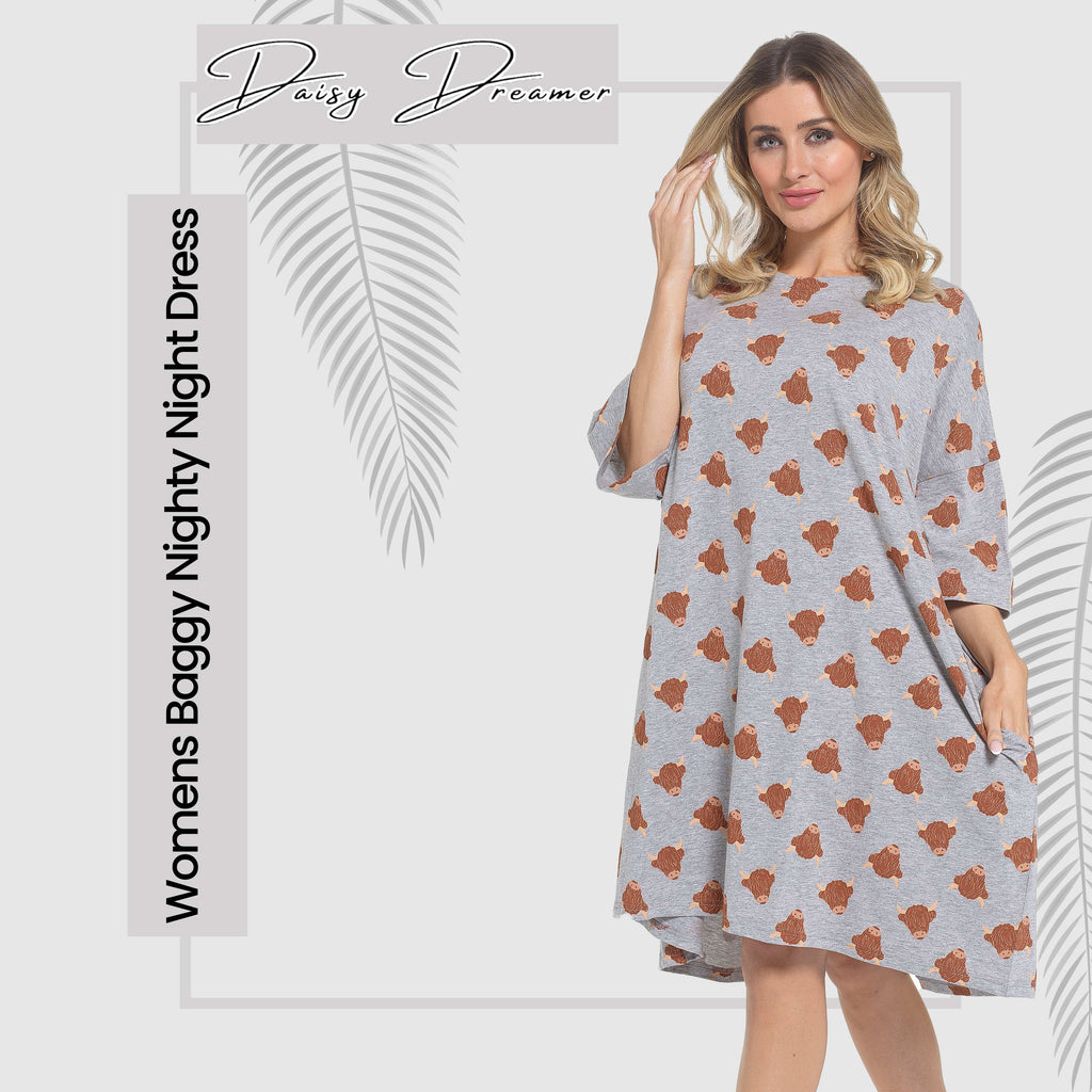 Highland Cow Cream Oversized T-Shirt Nighty 100% Cotton