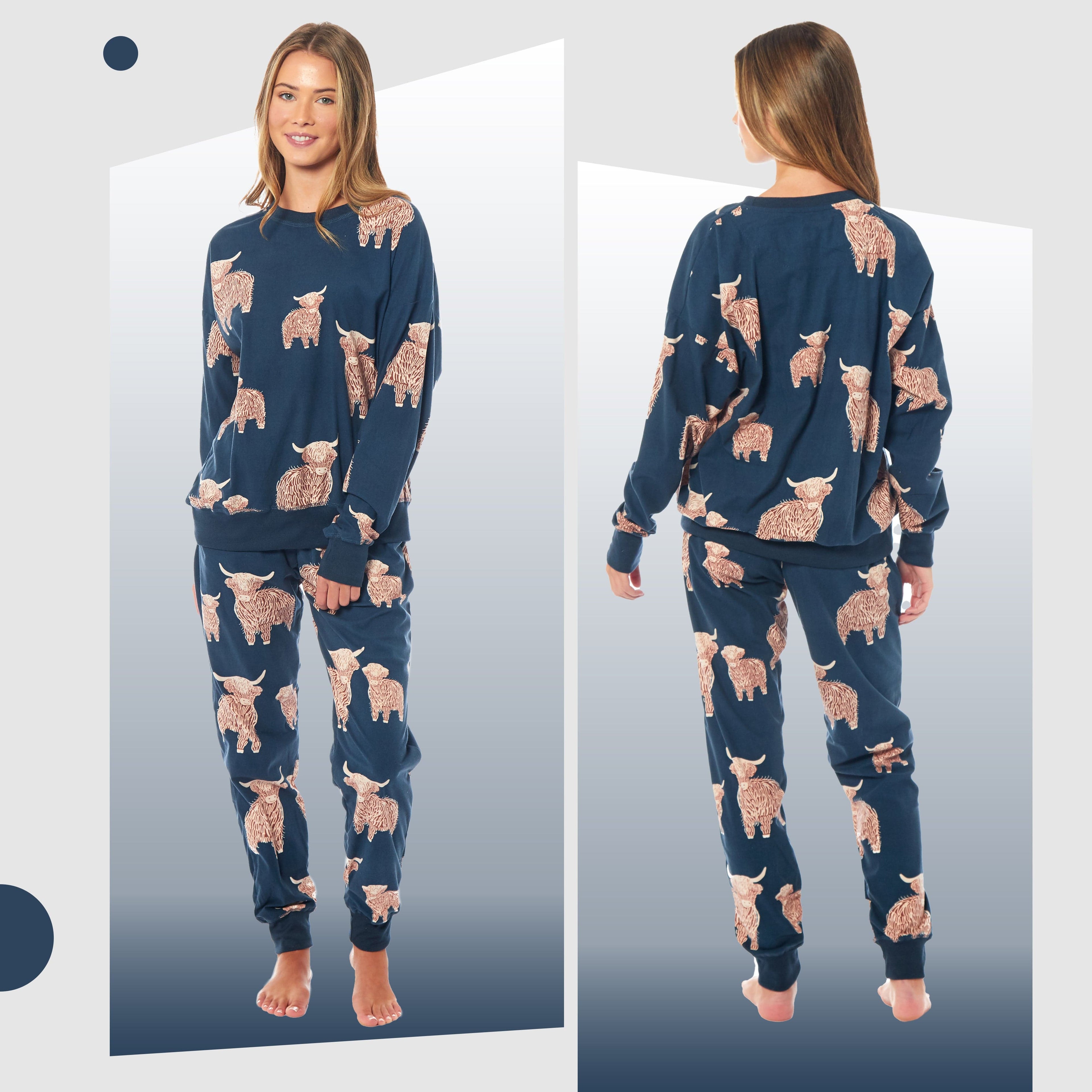 Women's Highland Cow Printed Soft Fleece Pyjama Set
