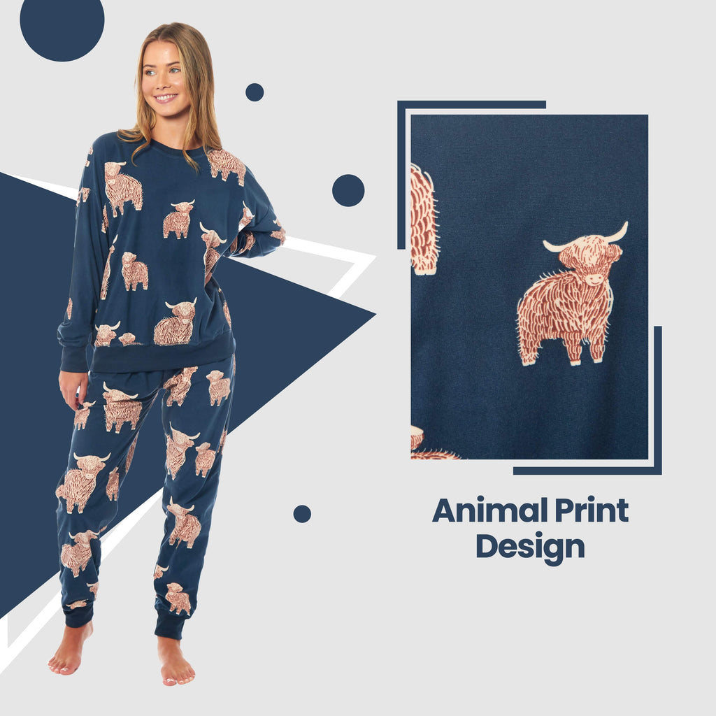 Women's Highland Cow Printed Soft Fleece Pyjama Set