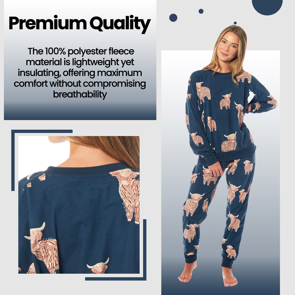Women's Highland Cow Printed Soft Fleece Pyjama Set
